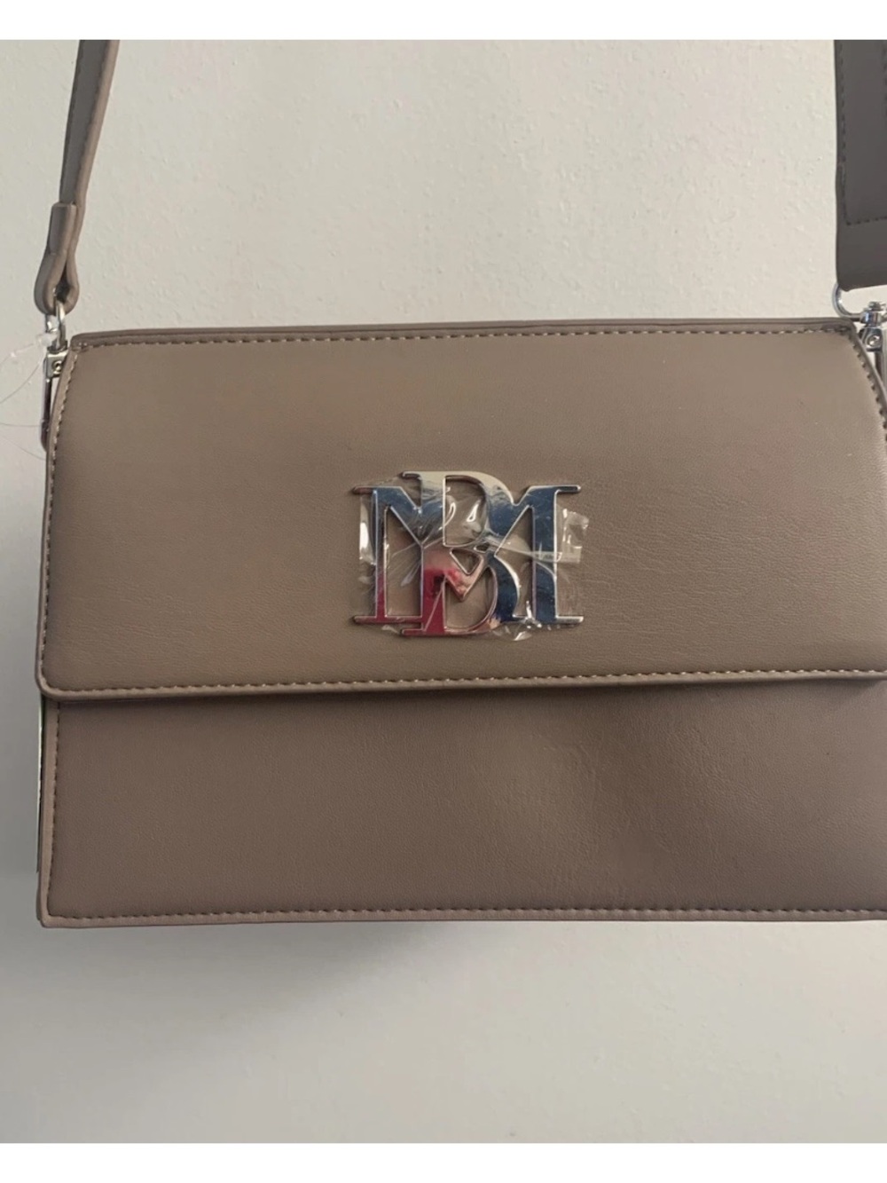 Taupe Crossbody Bag with Branded Silver Emblem